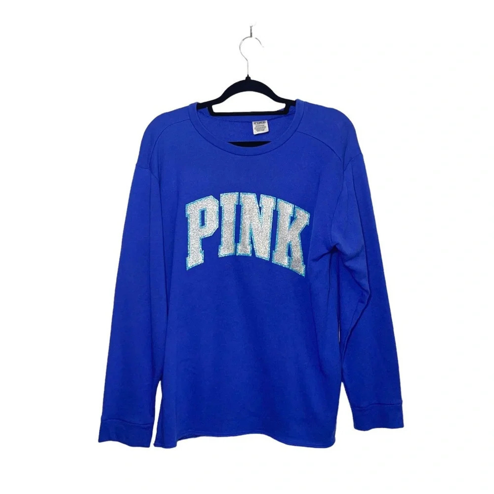 PINK Victoria’s Secret Glitter Sweatshirt Blue & Silver Logo Pullover Small